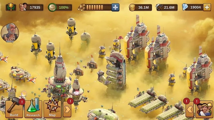 Forge-of-Empires-Stadt aus schwebenden Raketenbauten in gelbem Dunst, unten die Schaltflächen Build, Research und Map