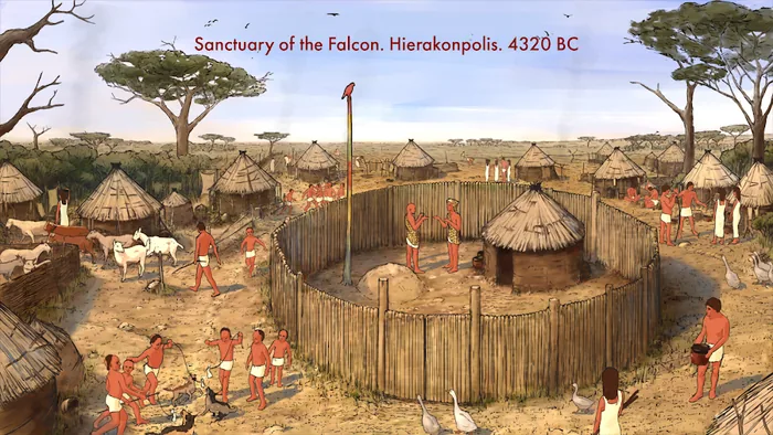 Gezeichnete Savanne mit Rundhütten, Rinderpferch und ovalem Schilfzaun um eine Hütte, überschrieben Sanctuary of the Falcon. Hierakonpolis. 4320 BC