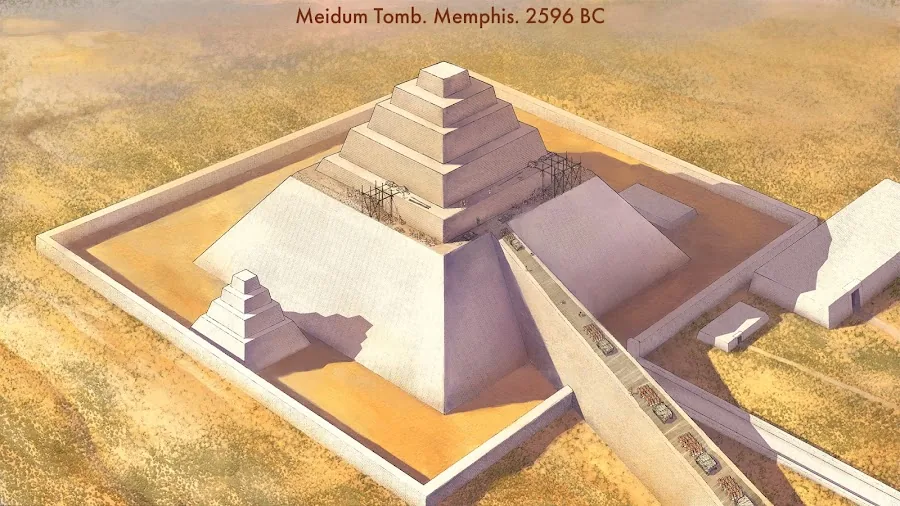 Bildschirm aus Egypt: Old Kingdom mit Stufenpyramide hinter Umfassungsmauer und der Zeile Meidum Tomb. Memphis. 2596 BC