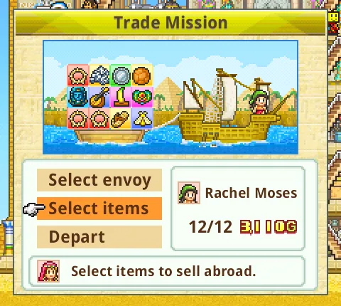 Menü Trade Mission mit Segelschiff, zwölf Warenfeldern, der Gesandten Rachel Moses und dem Stand 12/12 für 3.110 G