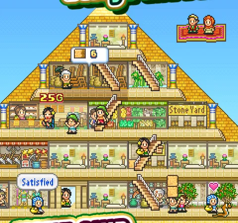 Pixelgrafik im Querschnitt durch eine Pyramide mit vier Etagen voller Läden, Treppen, Besuchern und dem Schild Stone Yard